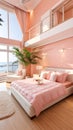 a bedroom with pink walls and a large bed Mediterranean interior Master Bedroom with Pastel Pink