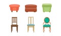 Bedroom poufs and chairs set, colorful comfortable furniture vector Illustration on a white background