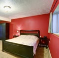 Bedroom with red walls. Black color furniture and beige blanket. Royalty Free Stock Photo