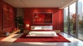Bedroom With Red Walls and White Bed Royalty Free Stock Photo