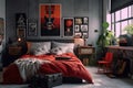 A bedroom with a retro-inspired decor, posters of iconic 90s bands, and a record player with a stack of vinyl records nearby