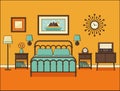 Bedroom retro interior. Hotel room in flat design. Vector illustration. Royalty Free Stock Photo