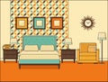 Bedroom retro interior. Hotel room in flat design. Vector illustration.