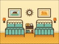 Bedroom retro interior. Hotel room in flat design. Vector illustration. Royalty Free Stock Photo