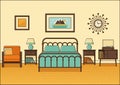 Bedroom retro interior. Hotel room in flat design. Vector illustration. Royalty Free Stock Photo