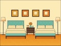 Bedroom retro interior. Hotel room in flat design. Vector illustration.