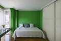 Bedroom in a room with a double bed with cushions, a green wall, a built-in wardrobe with sliding doors and a table with vintage