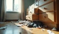 Bedroom scene after break-in. Drawers pulled out clothes scattered on floor. Papers, broken items create chaos. Sunlight, shadows Royalty Free Stock Photo