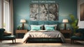 a bedroom scene with focus on the bed Farmhouse interior Master Bedroom with Turquoise color theme