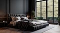 bedroom with sleek black decor, a wooden floor, a king-size bed, and a large window. Generative AI Royalty Free Stock Photo