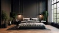 bedroom with sleek black decor, a wooden floor, a king-size bed, and a large window. Generative AI Royalty Free Stock Photo