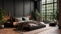 bedroom with sleek black decor, a wooden floor, a king-size bed, and a large window. Generative AI Royalty Free Stock Photo