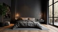 bedroom with sleek black decor, a wooden floor, a king-size bed, and a large window. Generative AI Royalty Free Stock Photo