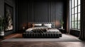 bedroom with sleek black decor, a wooden floor, a king-size bed, and a large window. Generative AI Royalty Free Stock Photo