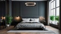 bedroom with sleek black decor, a wooden floor, a king-size bed, and a large window. Generative AI Royalty Free Stock Photo