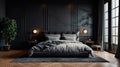 bedroom with sleek black decor, a wooden floor, a king-size bed, and a large window. Generative AI Royalty Free Stock Photo