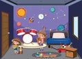 Bedroom in space galxy theme with children cartoon character Royalty Free Stock Photo