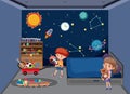 Bedroom in space galxy theme with children cartoon character Royalty Free Stock Photo
