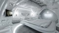 Bedroom in spaceship, white interior design of starship, inside futuristic spacecraft. Theme of space, technology, future, room,