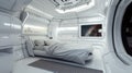 Bedroom in spaceship, white interior design of starship, inside futuristic spacecraft. Theme of space, technology, future, room,