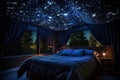 a bedroom with stars projected on ceiling