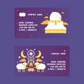 Bedroom supplies set of business cards vector illustration. Bed with pillows in night sky among clouds, stars and moon