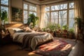 A bedroom with vintage Persian rugs layered over hardwood floors. Sunlight streams in through patterned curtains. generative ai