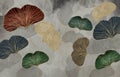 Bedroom wall decor. 3d mural wallpaper. turquoise, red, green and golden ginkgo leaves on light paint gray background.
