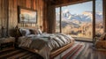 The bedroom walls are paneled with weathered wood creating a warm and inviting atmosphere. A handcarved wooden bed frame