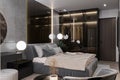 Bedroom Where Pillows and Plain on the Elegance Gray Bed, Almirah, Console Table, LED Lighting