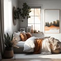 bedroom with a white canvas painting as the focal point. The room with neutral colors and gold, orange and brown colors