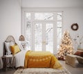 Bedroom with white Christmas tree and Christmas decoration