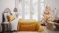 Bedroom with white Christmas tree and Christmas decoration