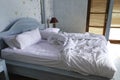 Bedroom with white pillow on the blue bed Royalty Free Stock Photo