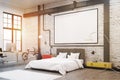 Bedroom: white walls, poster, side view Royalty Free Stock Photo