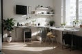 Bedroom working corner decorated with hexagon gold stainless vase and artificial plant in glass vase on gray spray-painted working