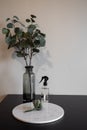 Bedroom working corner decorated with marble plate and artificial plant in glass vase on beige spray-painted working table with