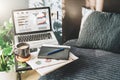 Bedroom,workplace without people,close-up of laptop with graphs, charts, diagrams on screen on table, desktop. Royalty Free Stock Photo