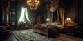 bedrooms with decorative details, a four-poster bed and rich dark wood furniture. Generative AI