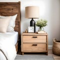 Bedside cabinet next to bed: rustic cabinet next to bed with beige pillows farmhouse interior design of contemporary bedroom Royalty Free Stock Photo