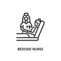 Bedside nurse flat line icon. Vector illustration a nurse taking care of a bedridden patient.