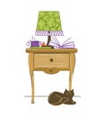 A bedside table with a lamp, a book and a cup of tea, and a cat. The interior of the bedroom. Vector Royalty Free Stock Photo