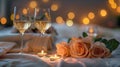 Bedside table with roses wine glasses and candles warm tones