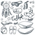 Bedtime bedroom design elements. Vector hand drawn sketch illustration. Good night calligraphy lettering and sleep icons