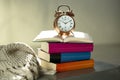 Bedtime reading, alarm clock and books Royalty Free Stock Photo