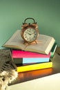 Bedtime reading, alarm clock and books Royalty Free Stock Photo