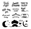 Bedtime slogan, sleep lettering signs. Isolated black time to bed handwritten text, sleep masks and moon. Vector night