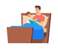 Bedtime story. Father reading to son in bed. Night fairytale, cute boy and man together. Time with daddy vector Royalty Free Stock Photo