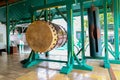 Bedug is large double-barreled drum with water buffalo leather on both sides, has a deeper & duller sound, used among moslim in