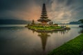 Bedugul, Lake Beratan, Tabanan, Bali, Indonesia - March 21, 2019 : The Ulun Danau Beratan temple on a cloudy and rainy morning